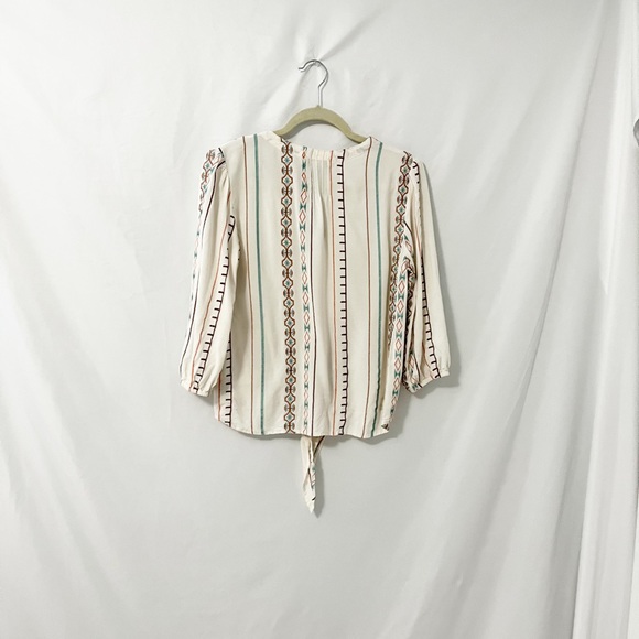 Bob Timberlake Boho Aztec Embroidered Ivory Blouse with Tie Front 3/4 Sleeve M - Picture 3 of 7